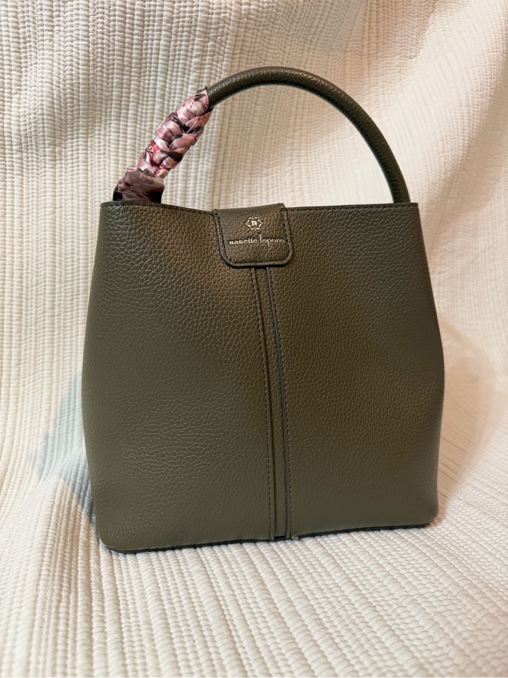 Nanette Lepore Olive Green Leather Shoulder Bag with Pink Scarf Accent